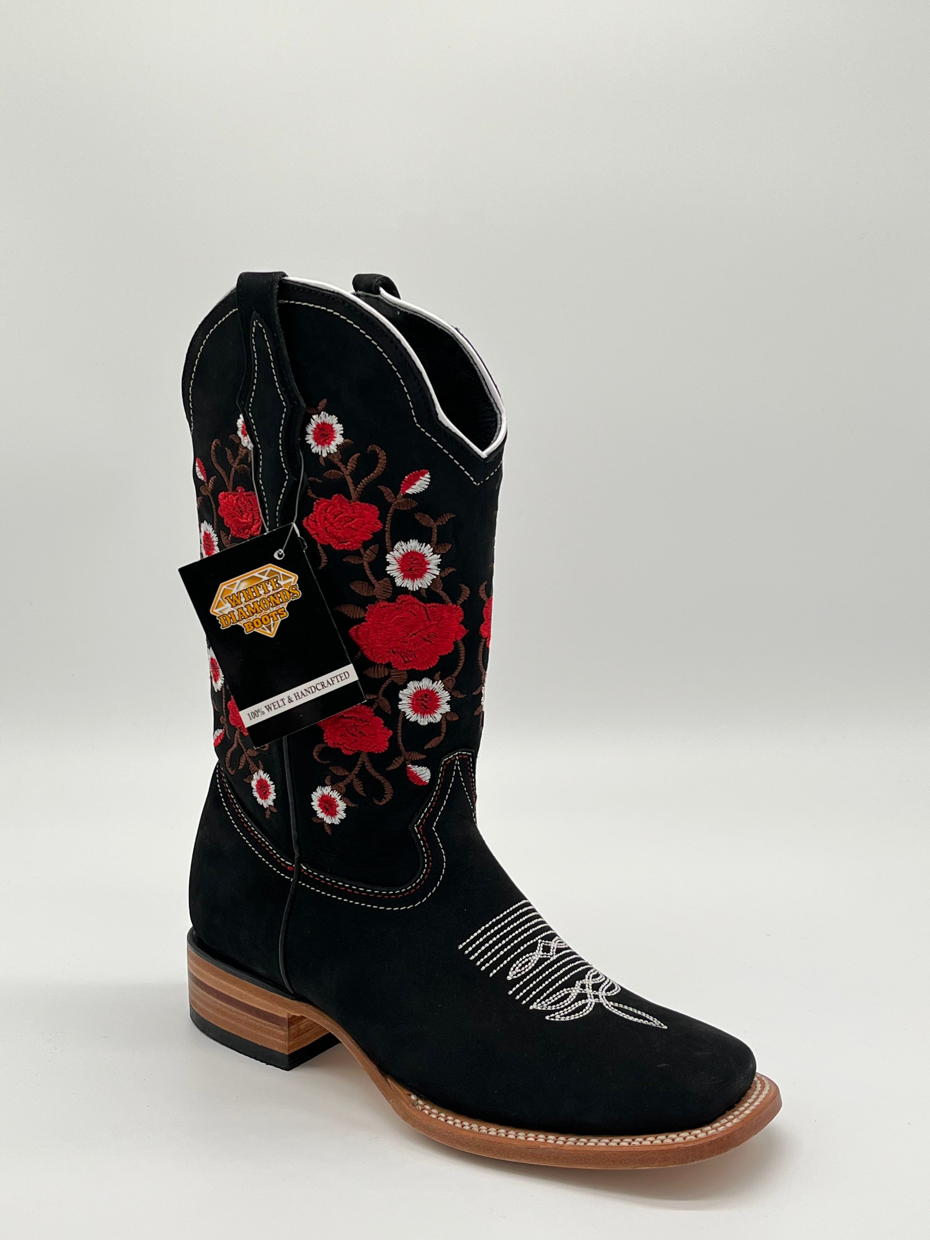 Botas Vaqueras de Dama White Diamonds – Rosas Rojas Leather Ranchero Boots