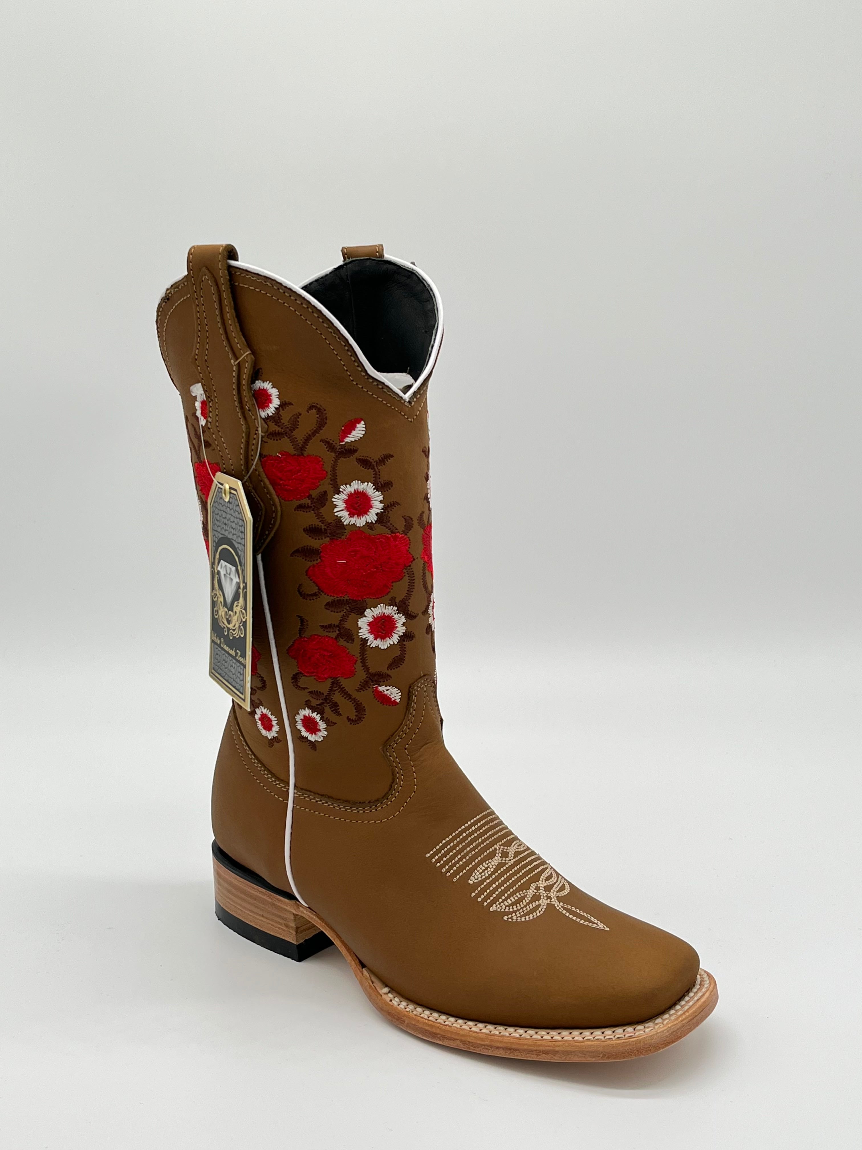 Bota Vaquera de Dama White Diamonds – Red Floral Leather Ranchero Boots