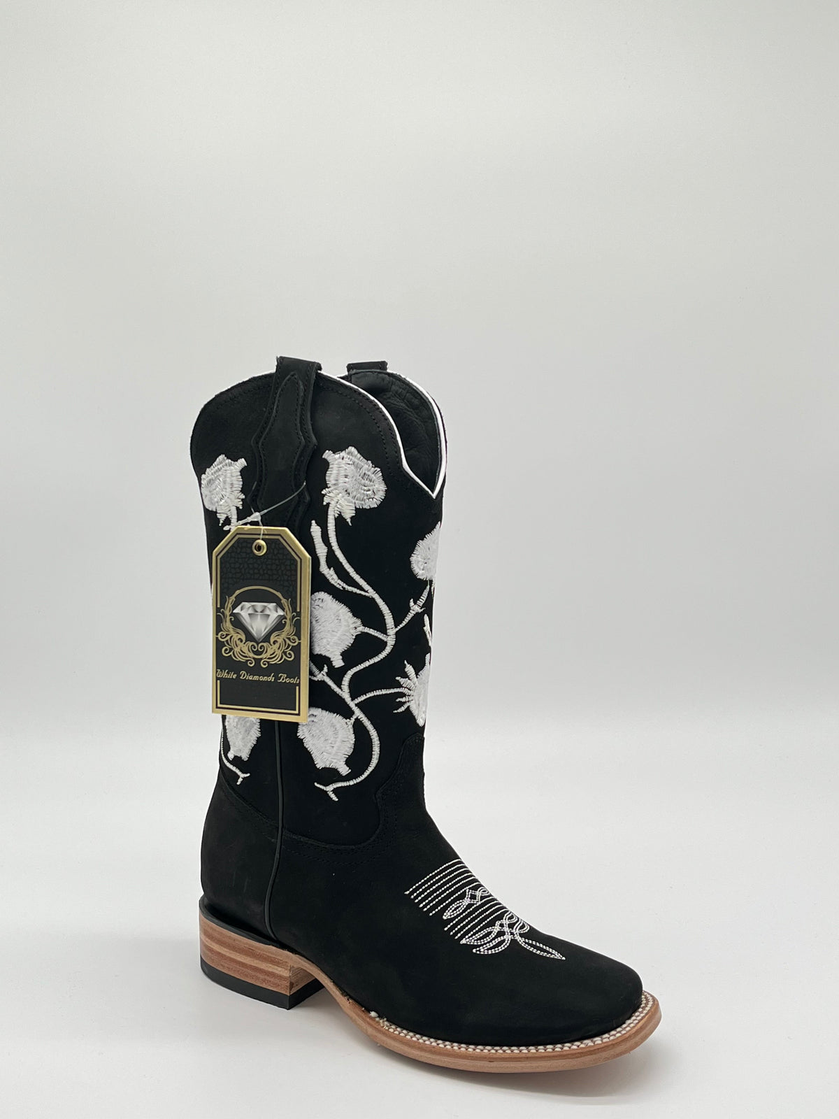 White Diamonds Boots – Women’s Black Suede Floral Embroidered Square Toe Western Boots