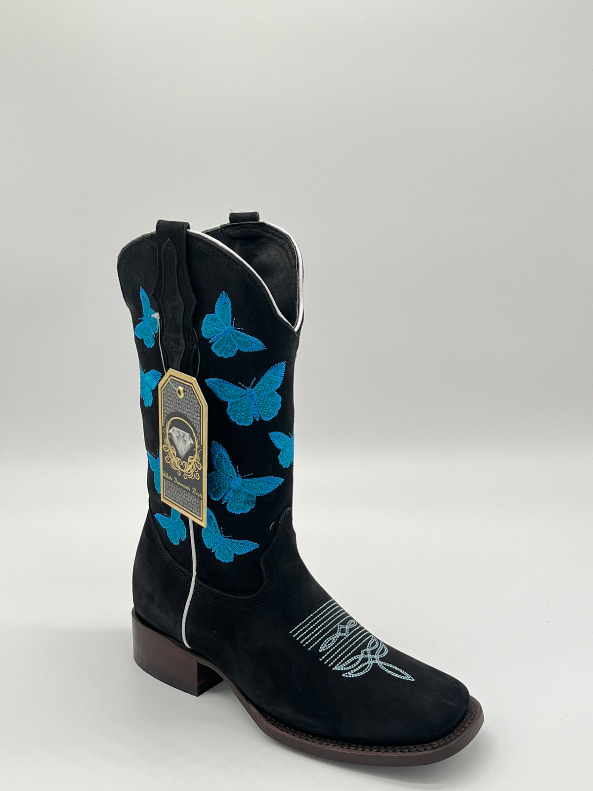 White Diamonds Boots – Women’s Black Suede Turquoise Butterfly Embroidered Square Toe Western Boots