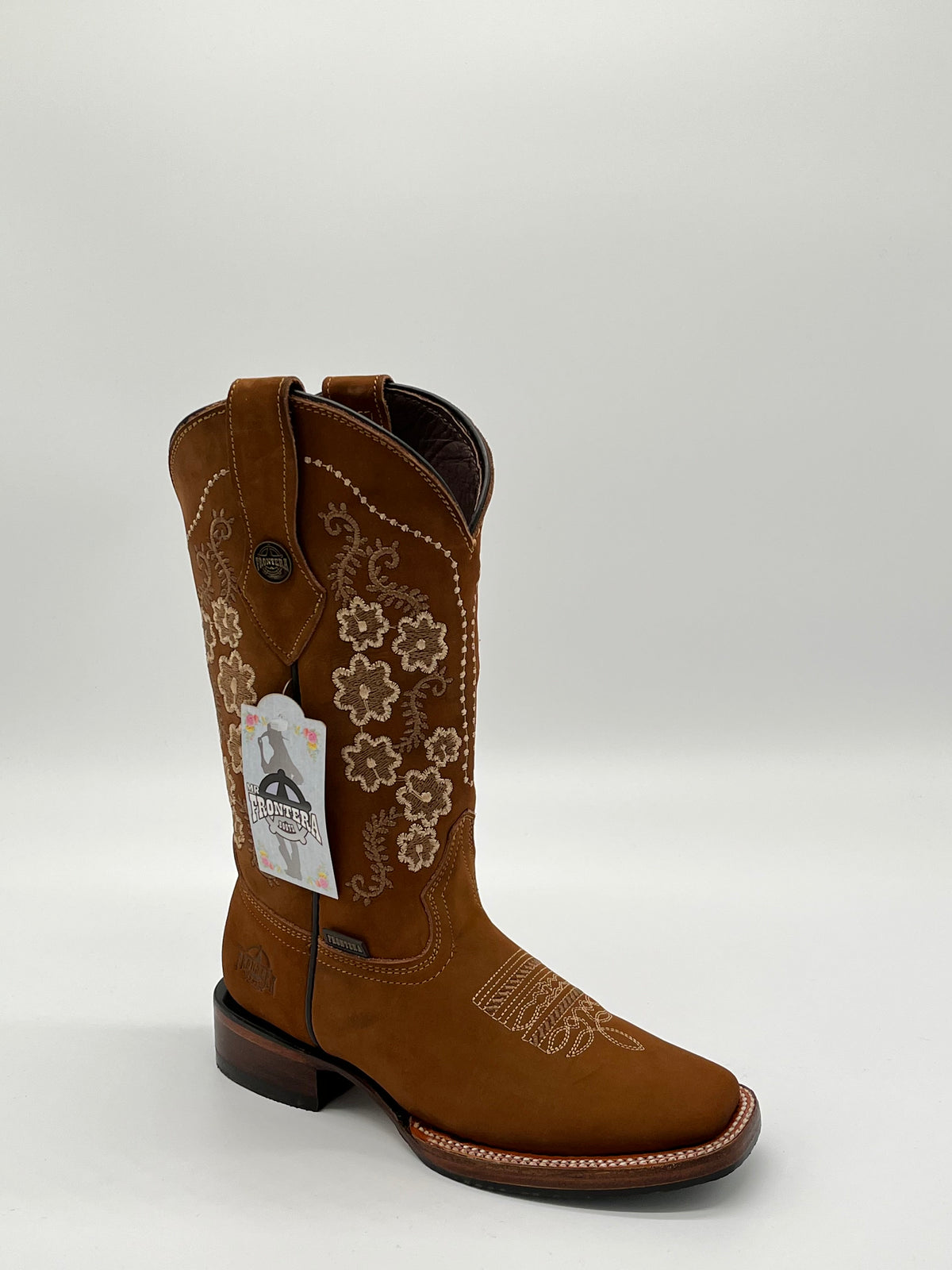 Frontera Boots – Women’s Tan Suede Floral Embroidered Square Toe Western Boots