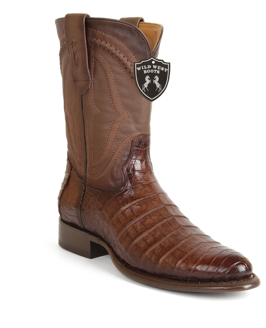Brown Wild West Caiman belly boot with a visible brand logo on a white background