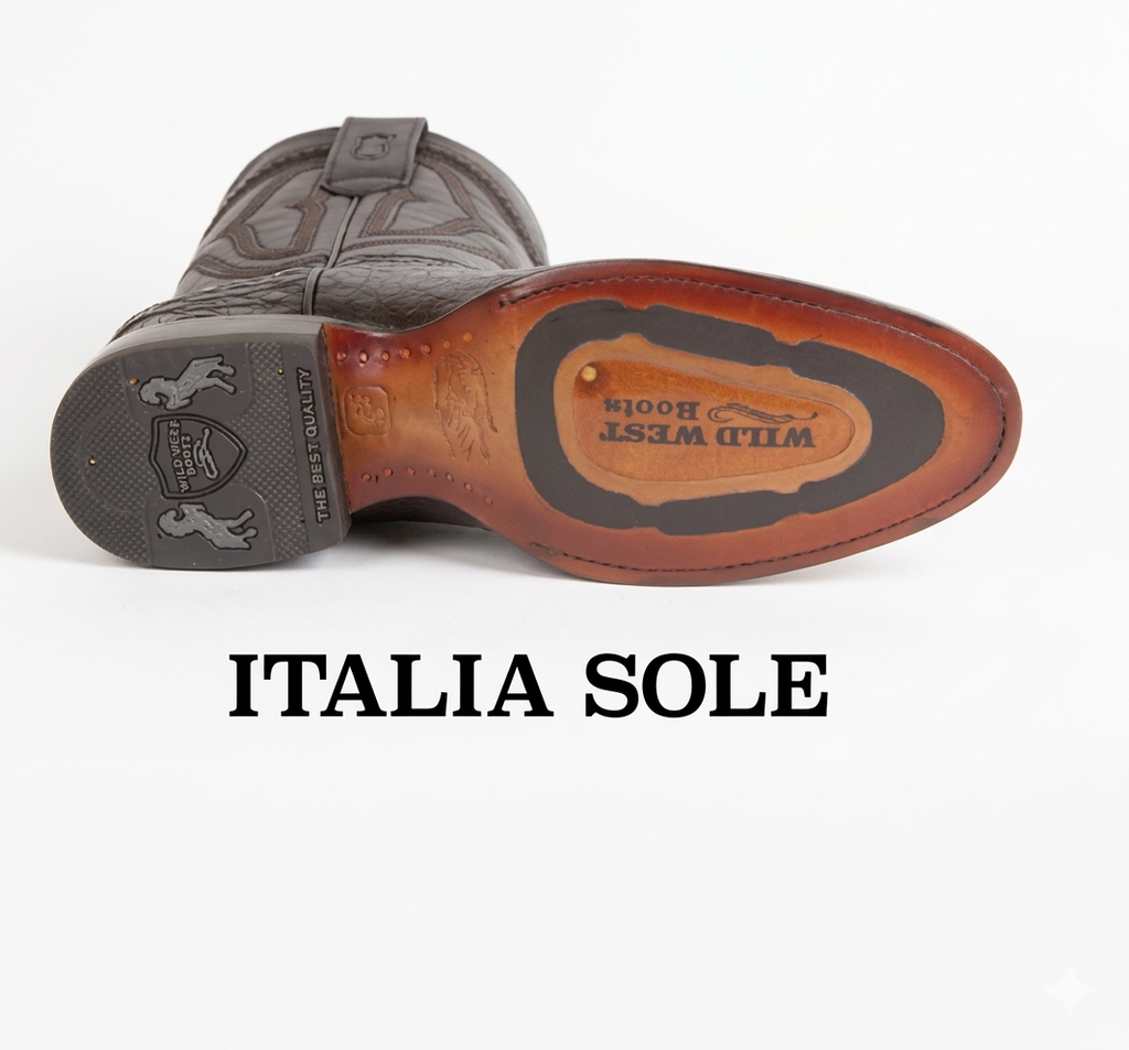Close-up of a boot sole with 'Italia Sole' branding on a white background
