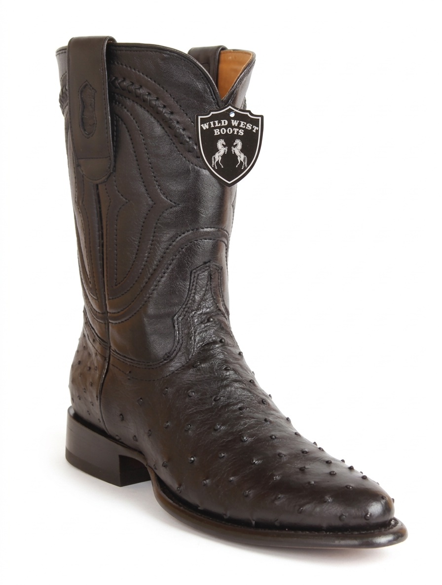Black cowboy boot with a visible brand logo on a white background
