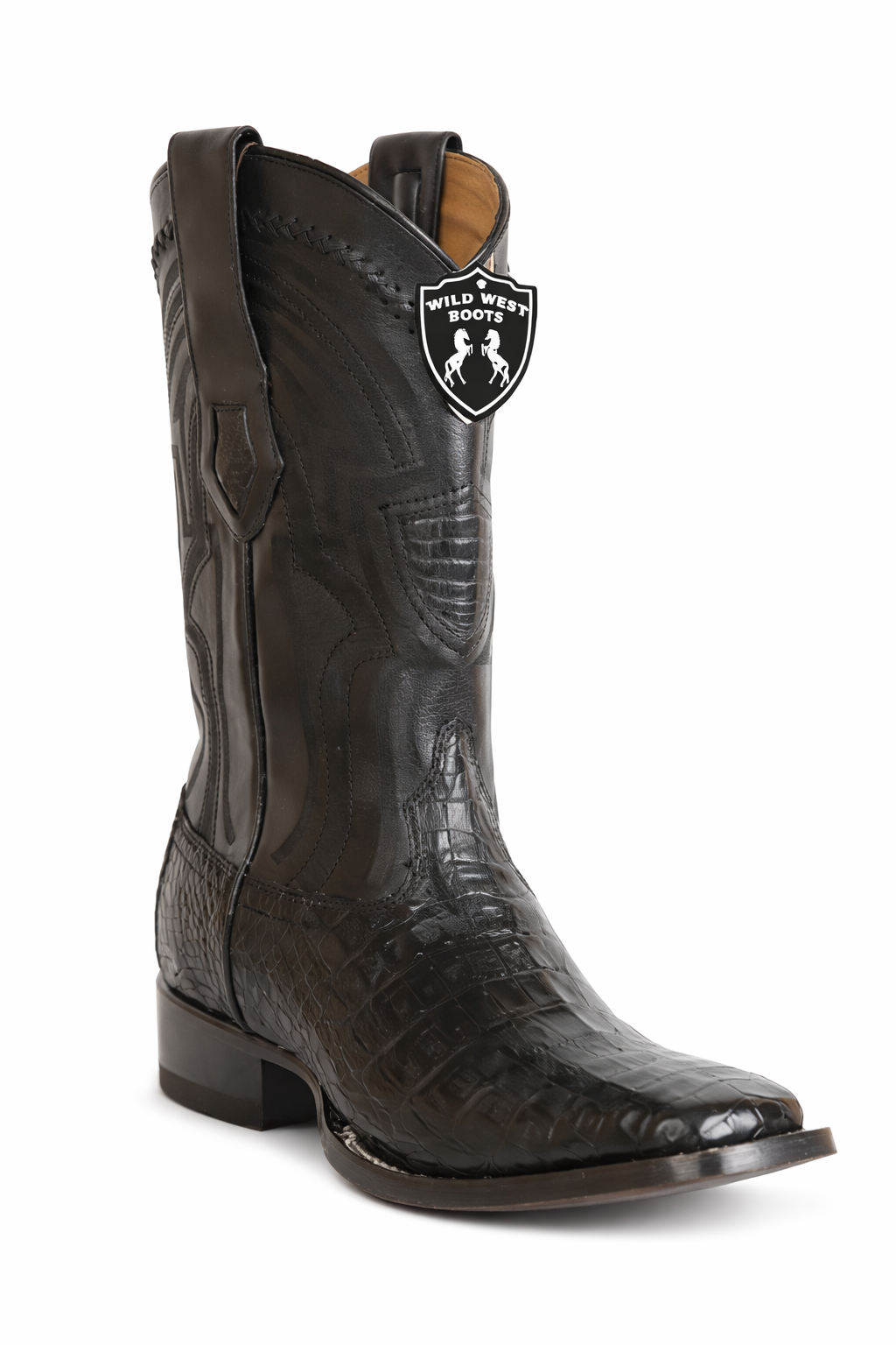 Black cowboy boot with a Wild West Boots logo on a white background