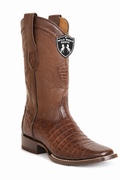 Brown cowboy boot with a visible Wild West Boots logo on a white background