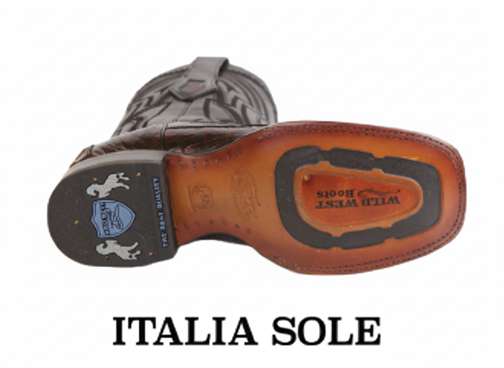 Close-up of a boot sole with 'Italia Sole' branding on a white background