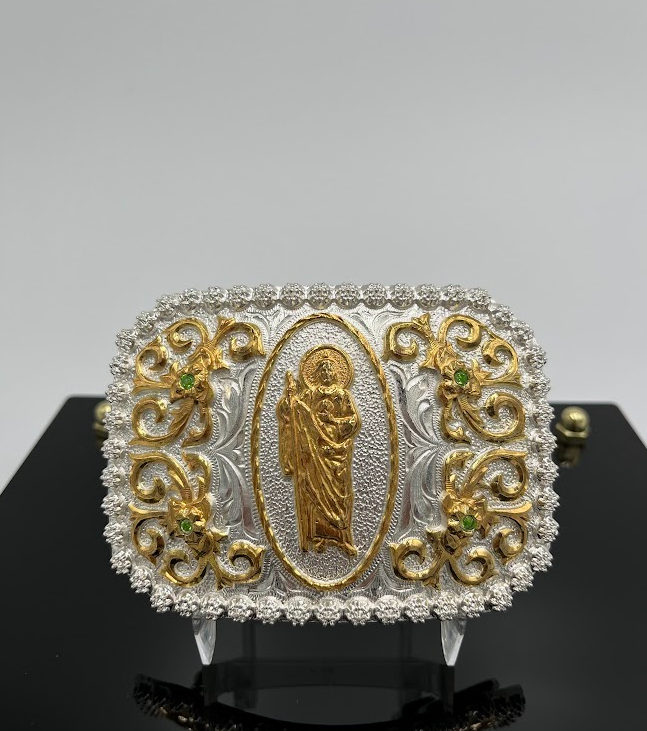 Two-Tone Saint Jude "San Judas Tadeo" Western Belt Buckle with Green Crystal Accents