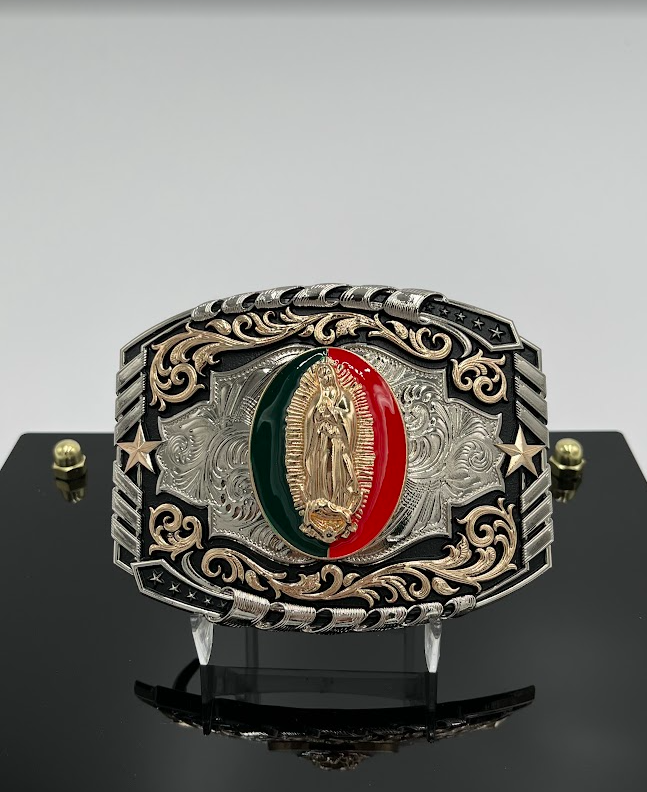 Three-Tone Mexican Flag Our Lady of Guadalupe Western Belt Buckle