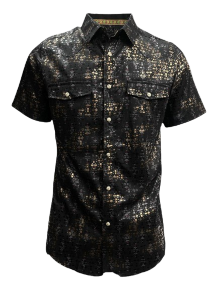 Lamasini Men's Black-Gold Metallic Geometric Snap Shirt- LAM2024