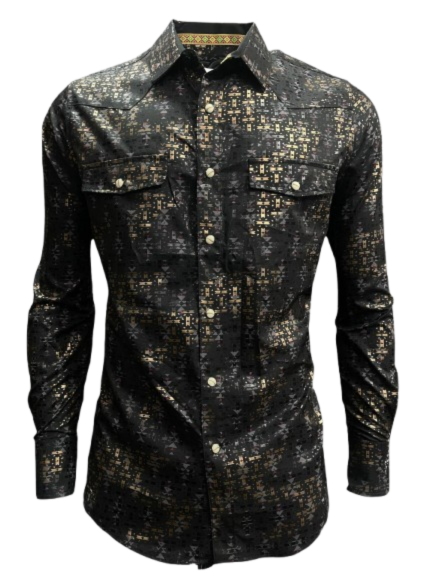 Black and gold patterned shirt on a white background