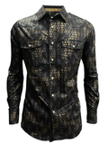 Black and gold patterned shirt on a white background